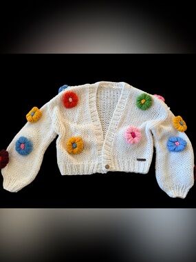 Chunky White Knit Cardigan with Colorful 3D Flowers- Hand knit